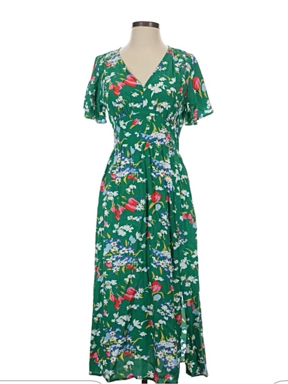 LOFT Green Floral Midi Dress with Pockets